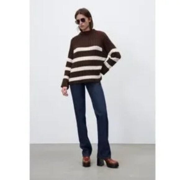 NEW Zara Sweater Women's XS Brown and Cream Striped Bulky Pullover - Picture 7 of 7